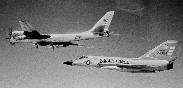 A US Air Force Air National Guard F-106A intercepts a Tupolev Tu-95 bomber of the coast of Cape Cod in 1982
